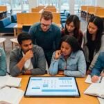 Students in a modern university library reviewing material on a digital device, reflecting the shift to digital standardized testing and varied academic preparation methods.