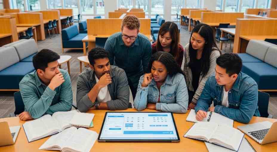 Students in a modern university library reviewing material on a digital device, reflecting the shift to digital standardized testing and varied academic preparation methods.